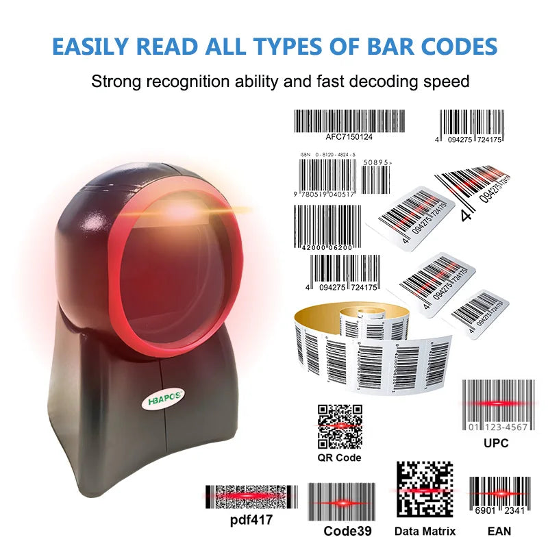 HBAPOS 2D Omnidirectional Barcode Scanner HBA-4010E | 1D QR PDF417 USB Auto-Sense