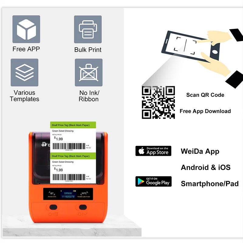 DETONGER DP80S 30-80mm Mini Thermal Printer BT | Barcode Label Sticker Maker Android iOS