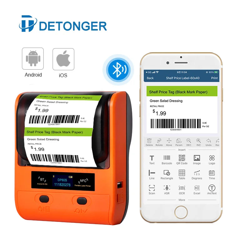 DETONGER DP80S 30-80mm Mini Thermal Printer BT | Barcode Label Sticker Maker Android iOS