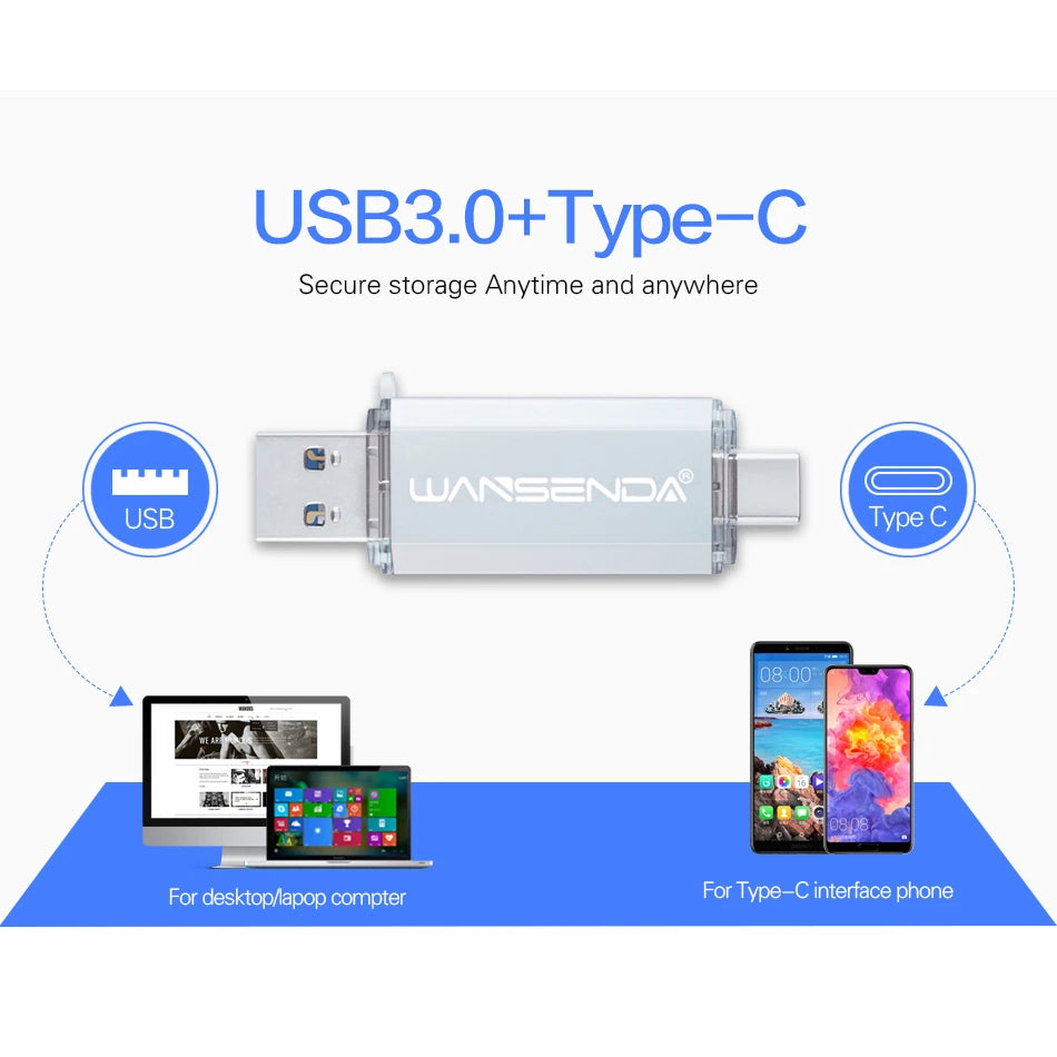 WANSENDA OTG Type-C USB 3.0 Flash Drive | 16GB–512GB Pen Drive for USB-C Devices