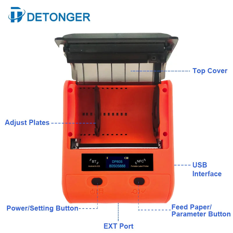 DETONGER DP80S 30-80mm Mini Thermal Printer BT | Barcode Label Sticker Maker Android iOS