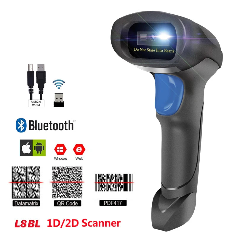 L8BL 2D Bluetooth Barcode Scanner | QR PDF417 2.4G Wireless USB Handheld Phone iPad