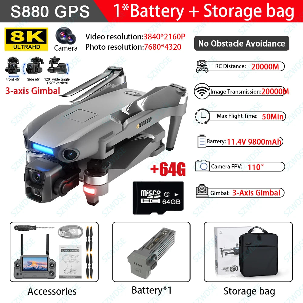 S880 Max Fishing GPS Drone 8K 3-Axis Gimbal | 5G FPV Obstacle Avoidance Airdrop
