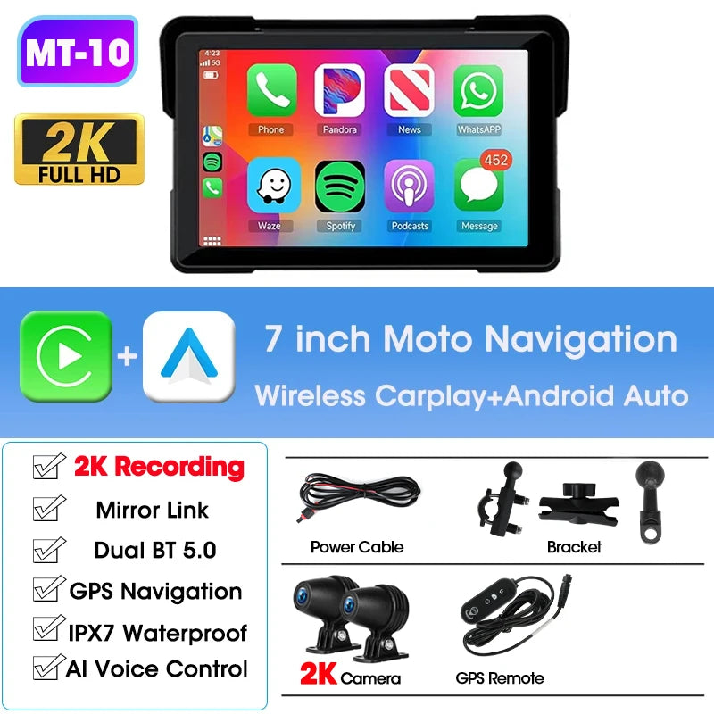 Jansite 5"/7" Motorcycle GPS DVR CarPlay | IPX7 Waterproof Wireless Android Auto