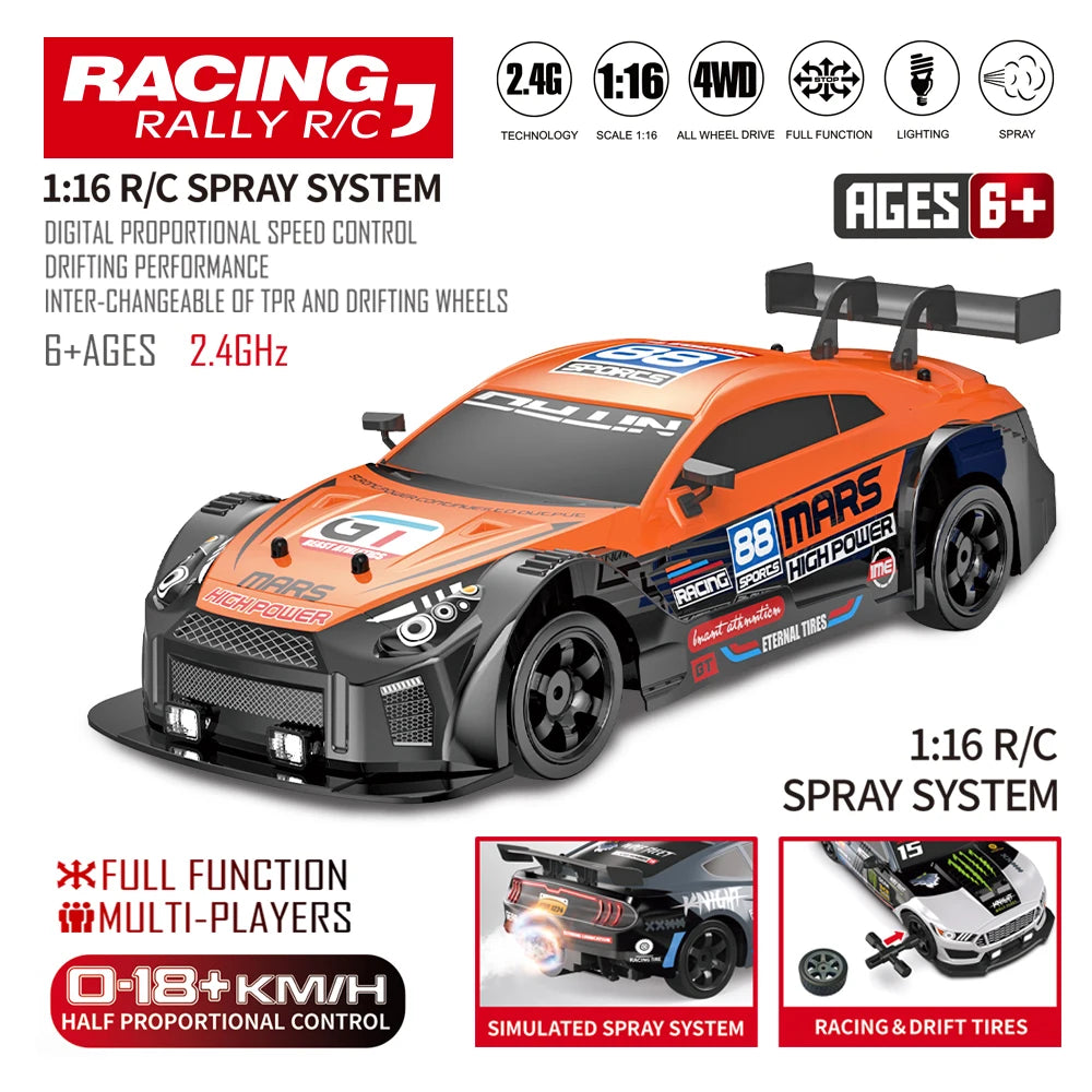 LKCOMO 2.4G 4WD RC Drift Car | LED Light Spray High Speed Model Vehicle Toy