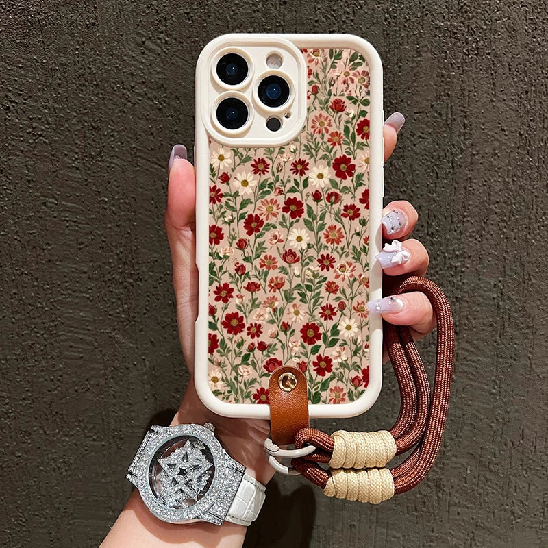 Flower Pattern Lanyard Strap iPhone Case | Silicone Soft Cover iPhone 7–17 Pro Max