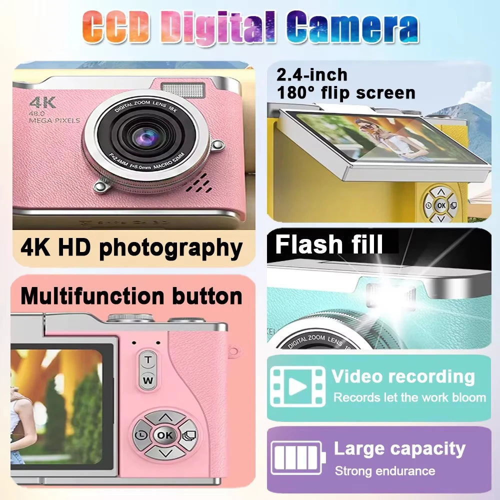 4K CCD Digital Camera 48MP 8X Zoom | 180° Flip Screen Selfie Compact Camera