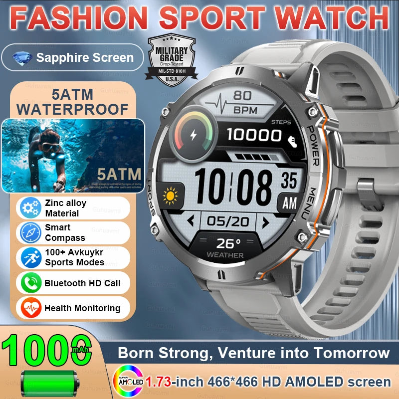 2025 Military GPS Smart Watch 1.73" AMOLED | 1000mAh Compass 5ATM BT Call Men