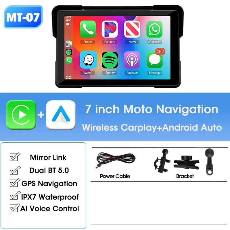 Jansite 5"/7" Motorcycle GPS DVR CarPlay | IPX7 Waterproof Wireless Android Auto