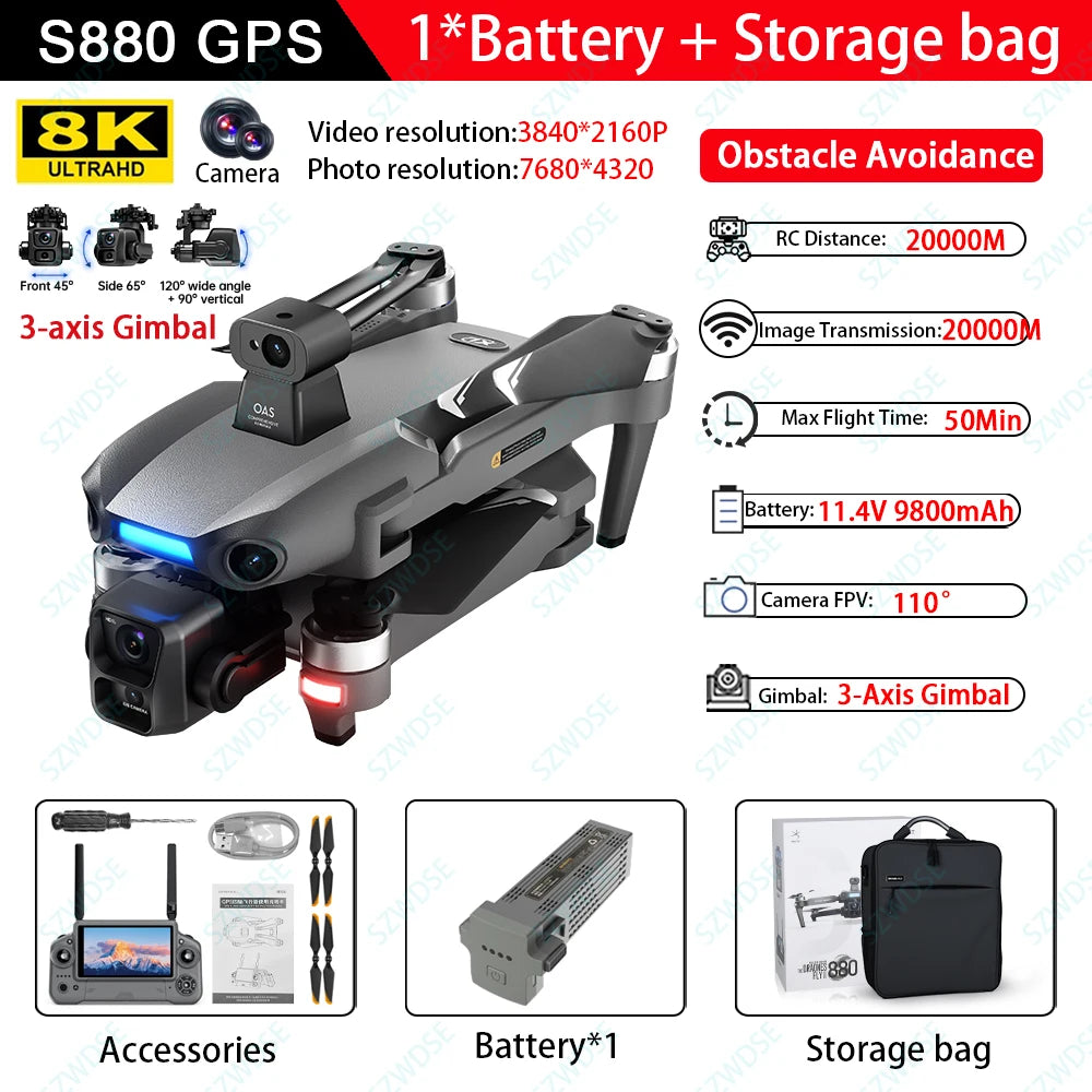 S880 Max Fishing GPS Drone 8K 3-Axis Gimbal | 5G FPV Obstacle Avoidance Airdrop