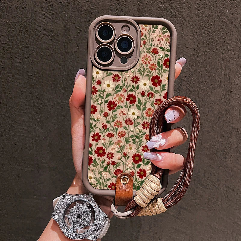 Flower Pattern Lanyard Strap iPhone Case | Silicone Soft Cover iPhone 7–17 Pro Max