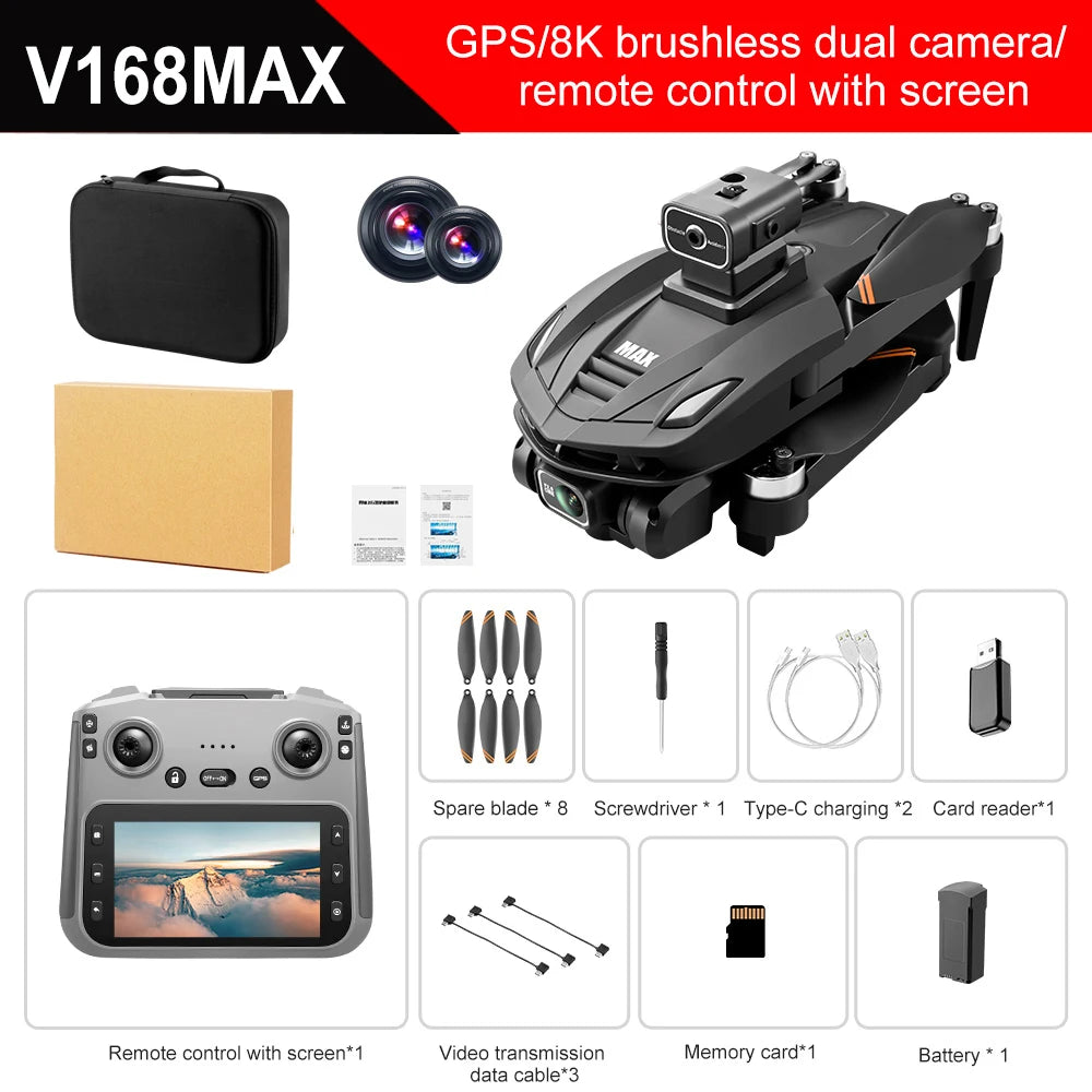 V168 Pro MAX GPS Drone 8K Brushless | 360° Obstacle Avoidance 5G FPV Large Screen