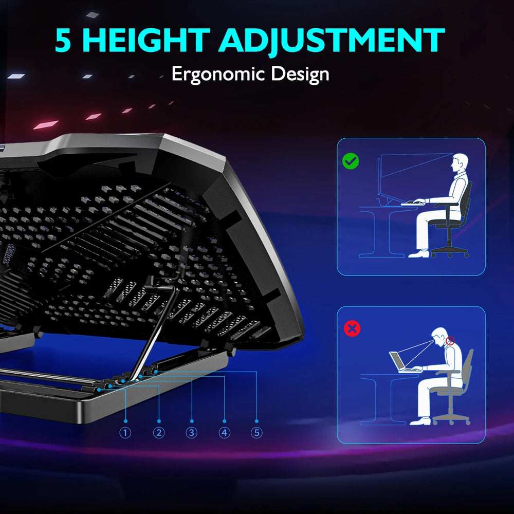 COOLCOLD Laptop Cooling Pad 12–17" | 5 Quiet Fans 5-Angle Stand + Phone Holder