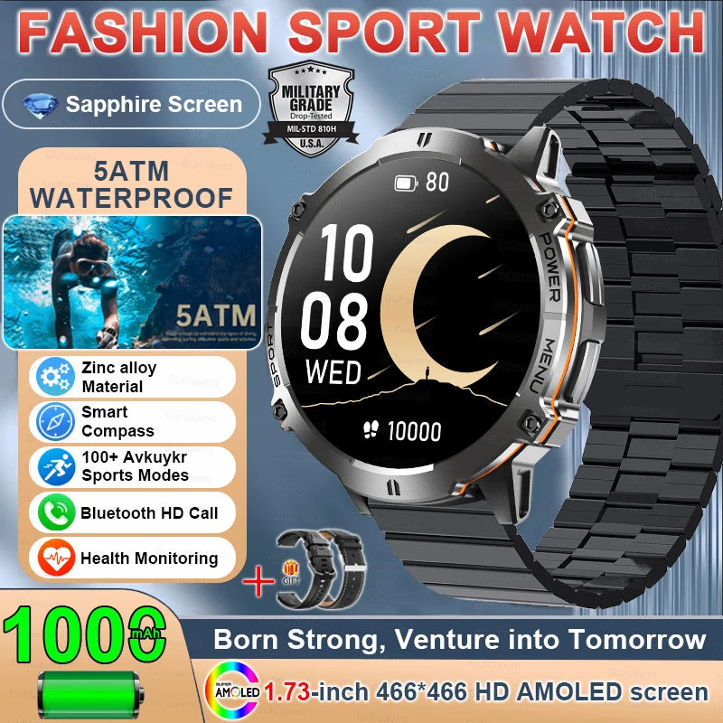 2025 Military GPS Smart Watch 1.73" AMOLED | 1000mAh Compass 5ATM BT Call Men