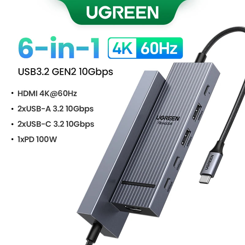 UGREEN 6-in-1 USB-C Hub DP 4K120Hz | 2×HDMI 4K60Hz SD TF RJ45 USB3.2 Gen2