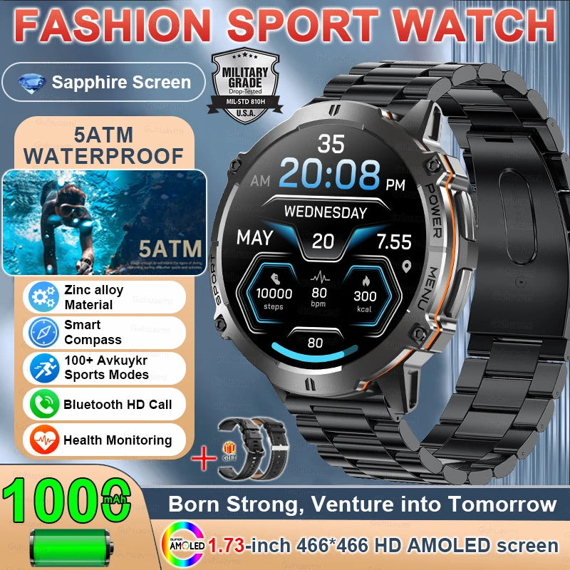 2025 Military GPS Smart Watch 1.73" AMOLED | 1000mAh Compass 5ATM BT Call Men