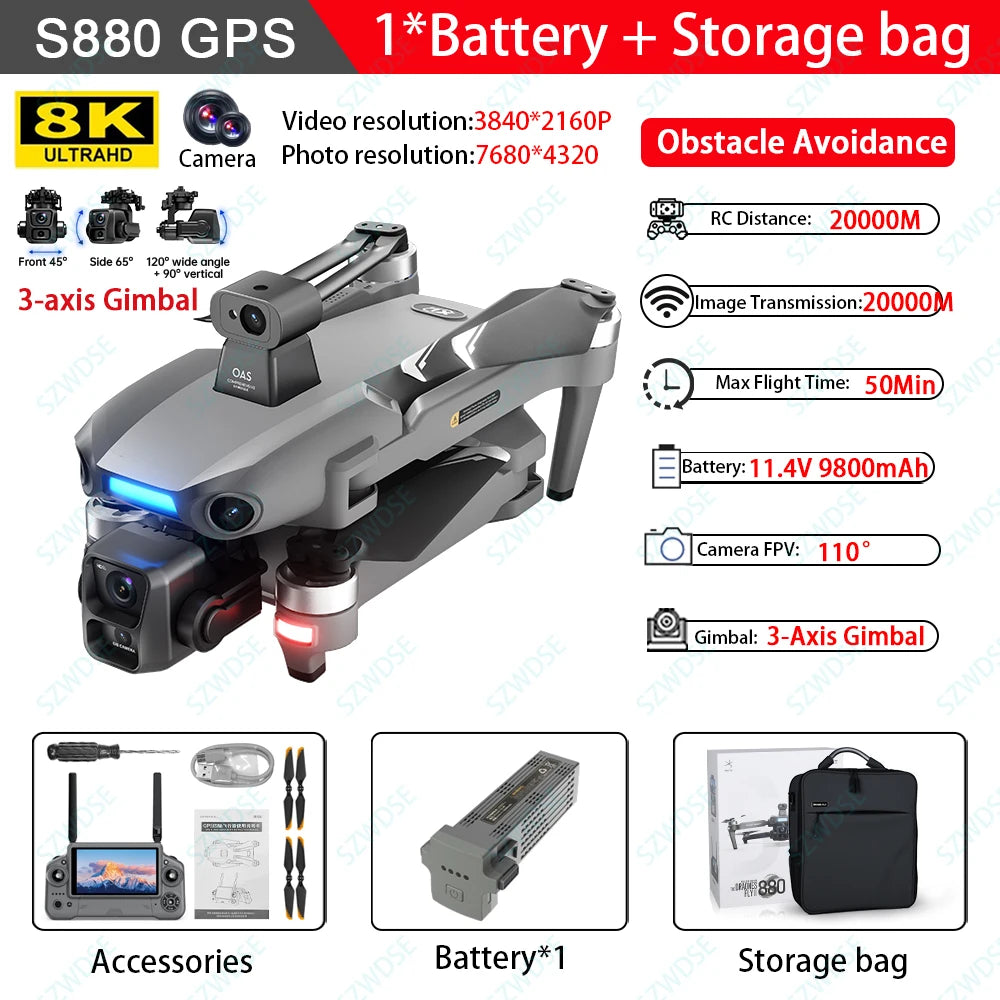 S880 Max Fishing GPS Drone 8K 3-Axis Gimbal | 5G FPV Obstacle Avoidance Airdrop