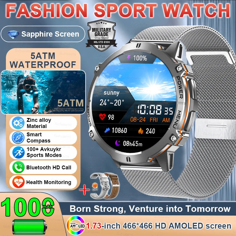 2025 Military GPS Smart Watch 1.73" AMOLED | 1000mAh Compass 5ATM BT Call Men