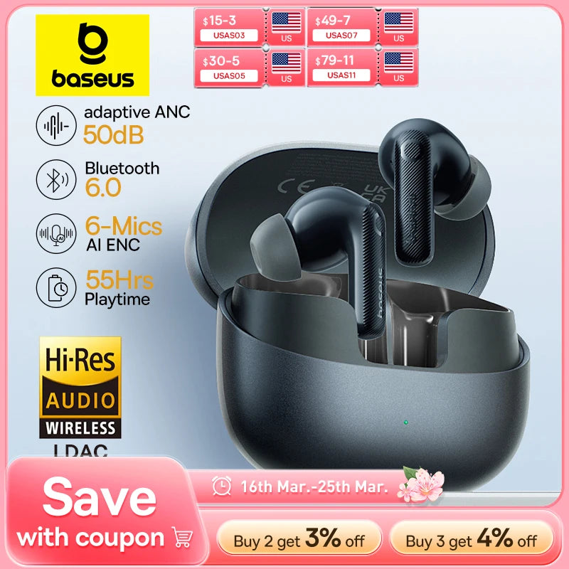 Baseus EP10 Pro ANC Earbuds BT 6.0 | 50dB LDAC Hi-Res 6 Mic IP55 Real-Time ANC