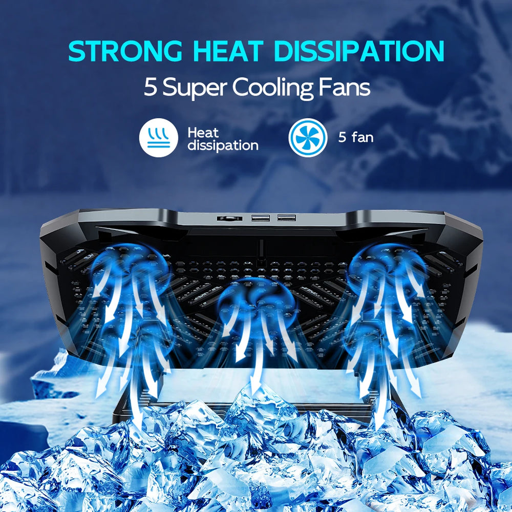 COOLCOLD Laptop Cooling Pad 12–17" | 5 Quiet Fans 5-Angle Stand + Phone Holder