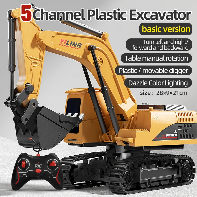 Alloy RC Excavator Toy 9-Channel | LED Lights Sound Electric Engineering Vehicle Gift