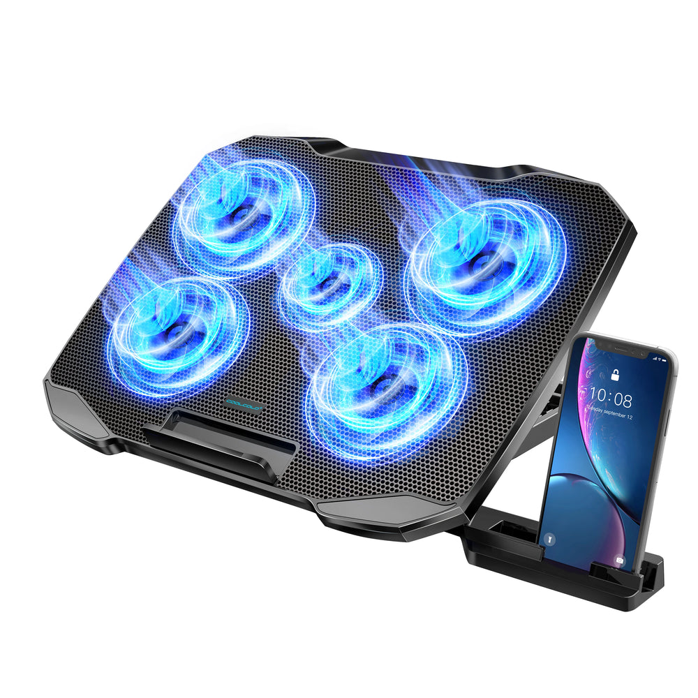 COOLCOLD Laptop Cooling Pad 12–17" | 5 Quiet Fans 5-Angle Stand + Phone Holder