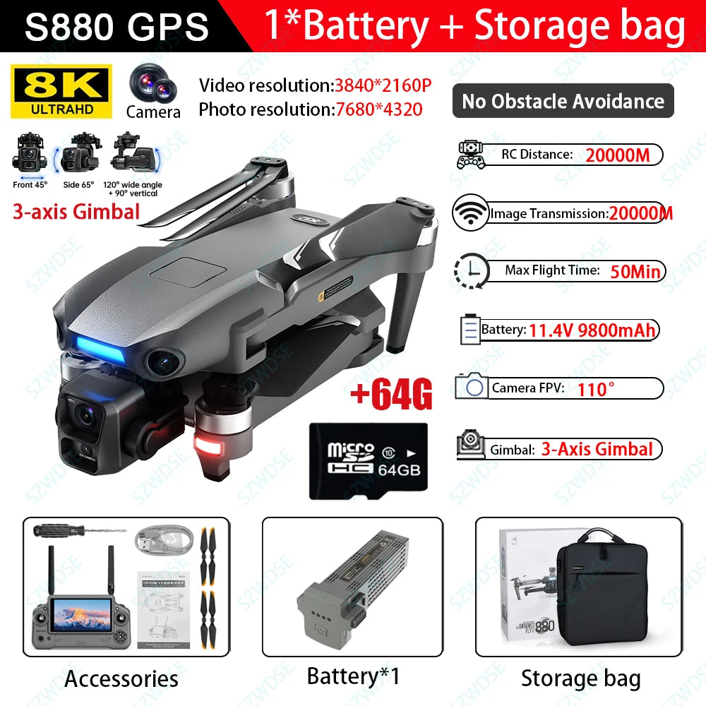 S880 Max Fishing GPS Drone 8K 3-Axis Gimbal | 5G FPV Obstacle Avoidance Airdrop
