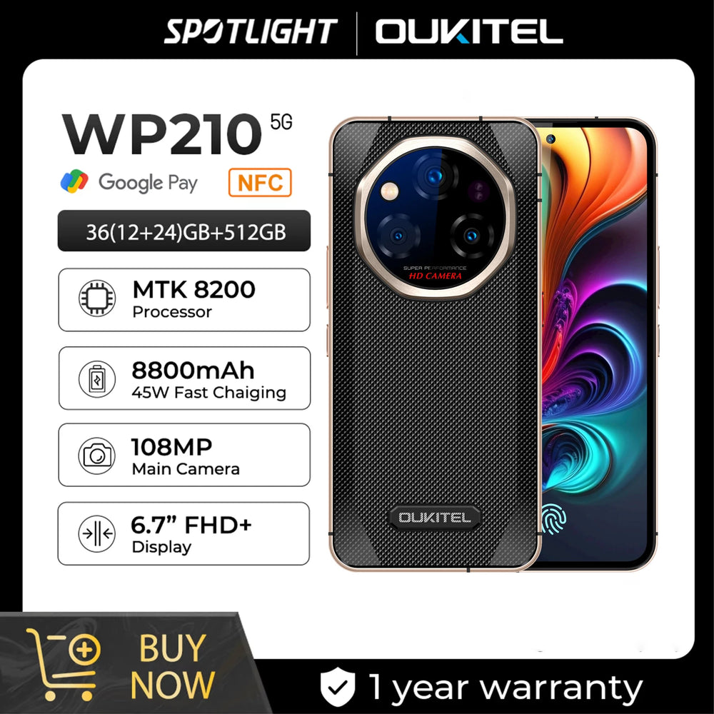 OUKITEL WP210 Rugged 5G Phone MTK 8200 | 36GB+512GB 8800mAh 45W 108MP Android 15