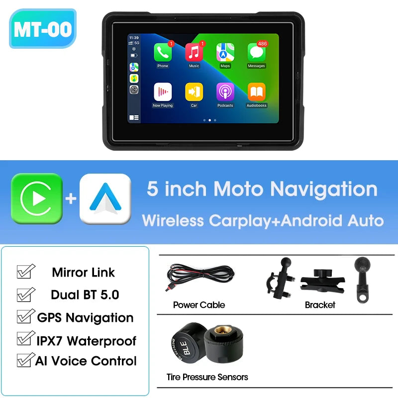 Jansite 5"/7" Motorcycle GPS DVR CarPlay | IPX7 Waterproof Wireless Android Auto