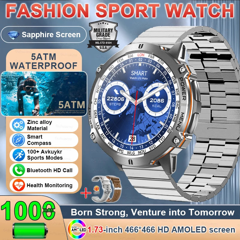 2025 Military GPS Smart Watch 1.73" AMOLED | 1000mAh Compass 5ATM BT Call Men