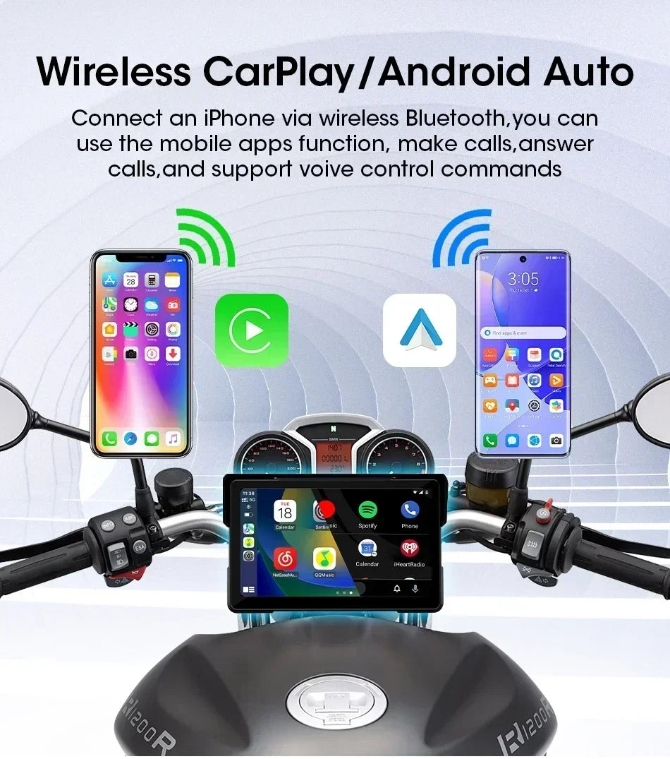 Jansite 5"/7" Motorcycle GPS DVR CarPlay | IPX7 Waterproof Wireless Android Auto