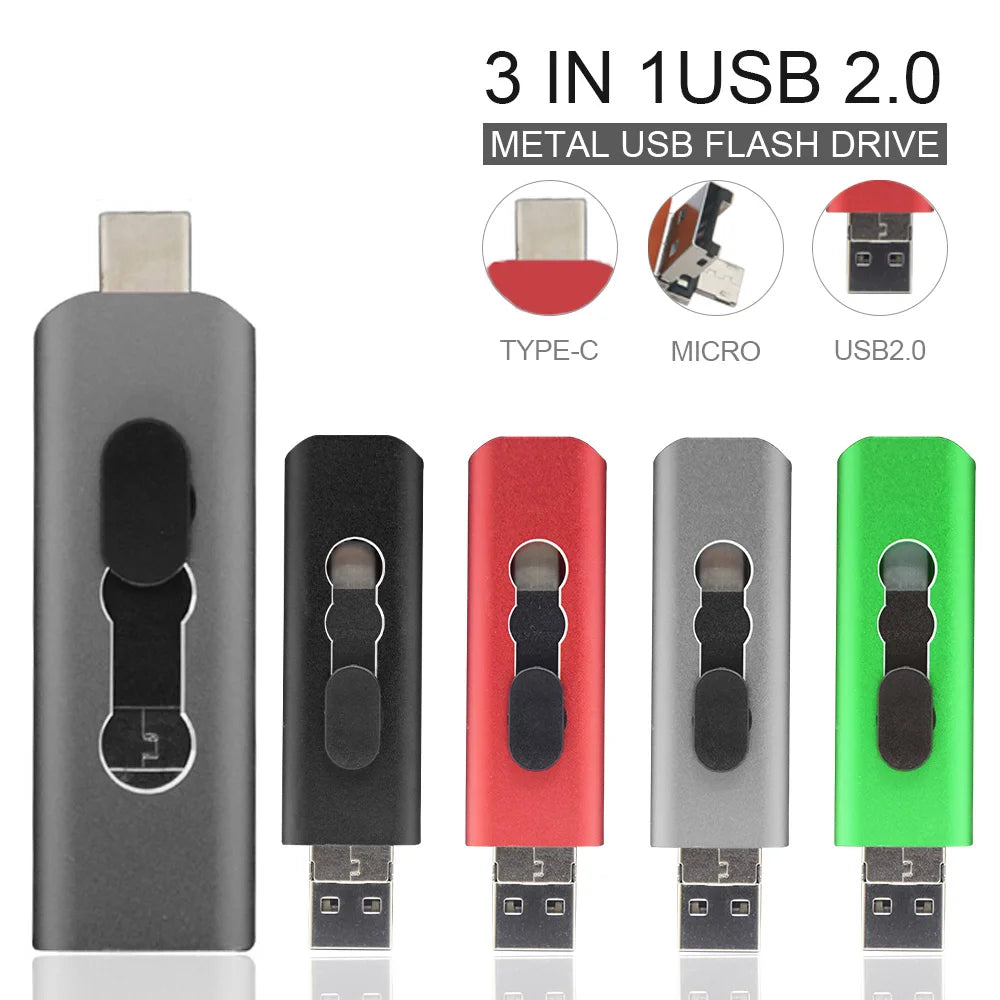 KFHIREW 3-in-1 OTG USB Flash Drive | USB 2.0 + Type-C + Micro USB | 8GB–128GB