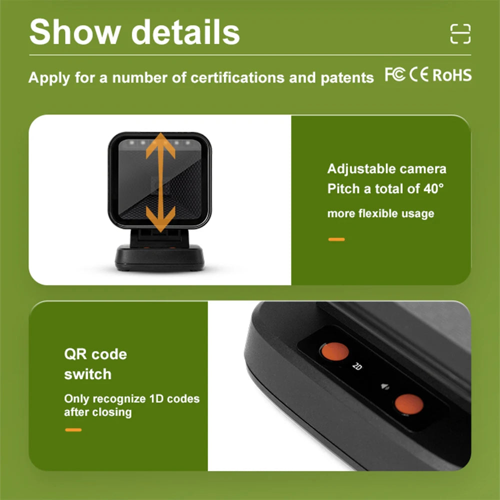 SYCREADER TD-X1 2D Desktop Barcode Scanner | Global Exposure 1D QR Hands-Free Retail