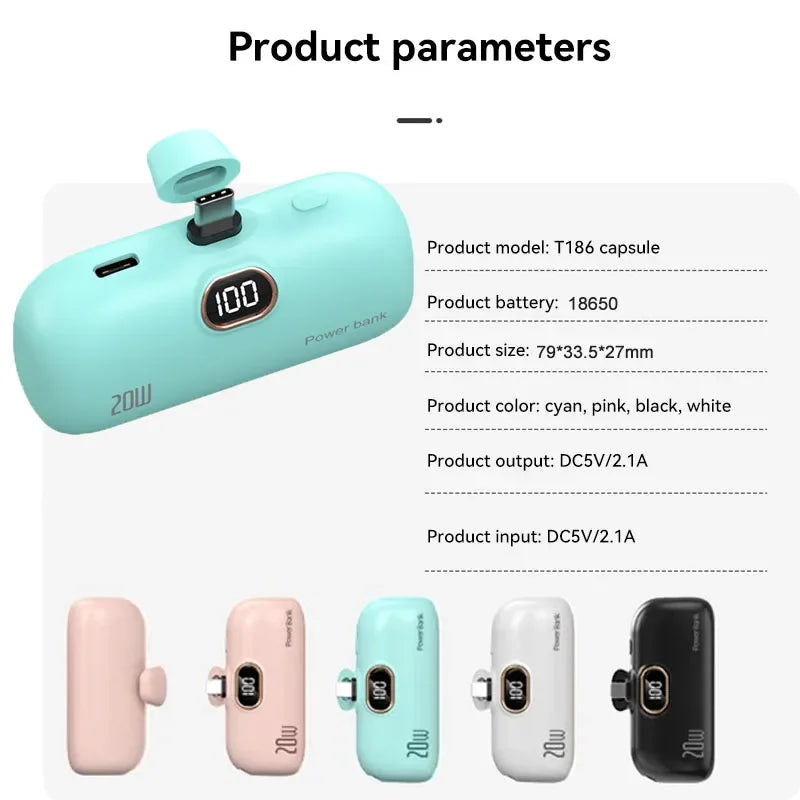 LIEI Mini Capsule Power Bank 5000/10000mAh | Built-In Cable Fast Charge iPhone Type-C