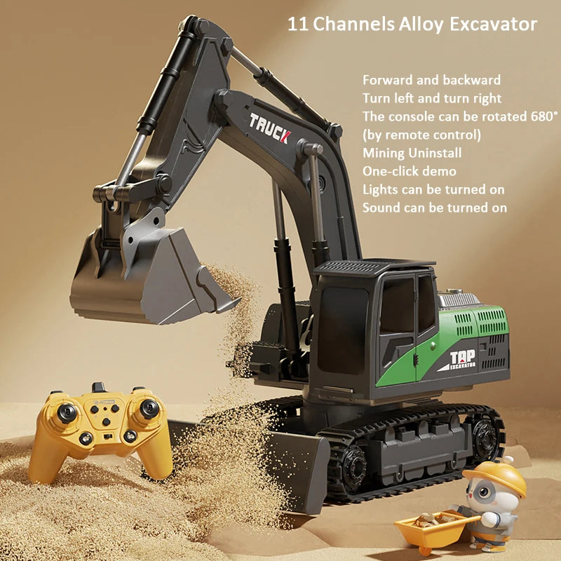 Alloy RC Excavator Toy 9-Channel | LED Lights Sound Electric Engineering Vehicle Gift