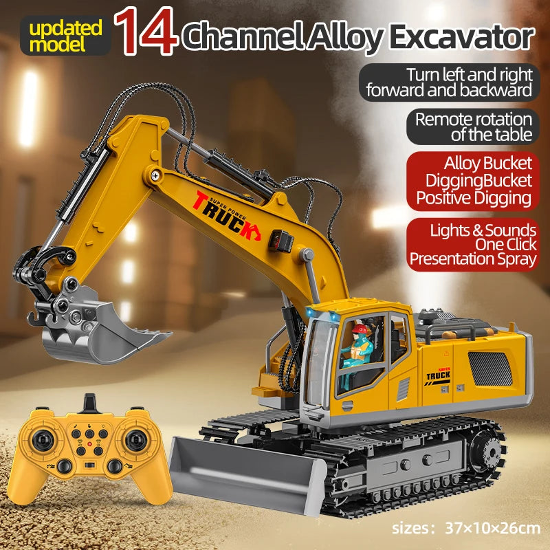 Alloy RC Excavator Toy 9-Channel | LED Lights Sound Electric Engineering Vehicle Gift