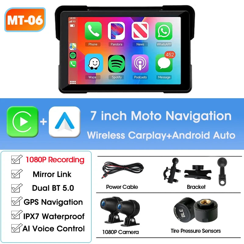 Jansite 5"/7" Motorcycle GPS DVR CarPlay | IPX7 Waterproof Wireless Android Auto