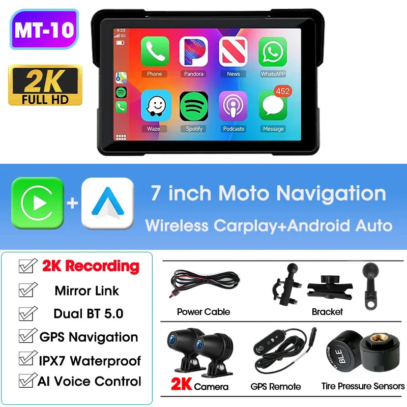 Jansite 5"/7" Motorcycle GPS DVR CarPlay | IPX7 Waterproof Wireless Android Auto