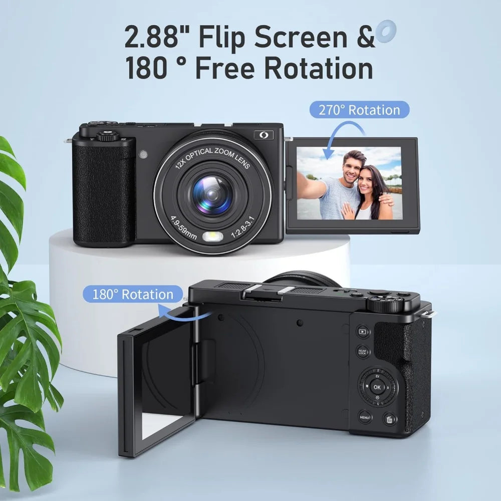 4K 64MP Digital Camera 12X Optical Zoom | Flip Screen Vlog Camcorder Livestream
