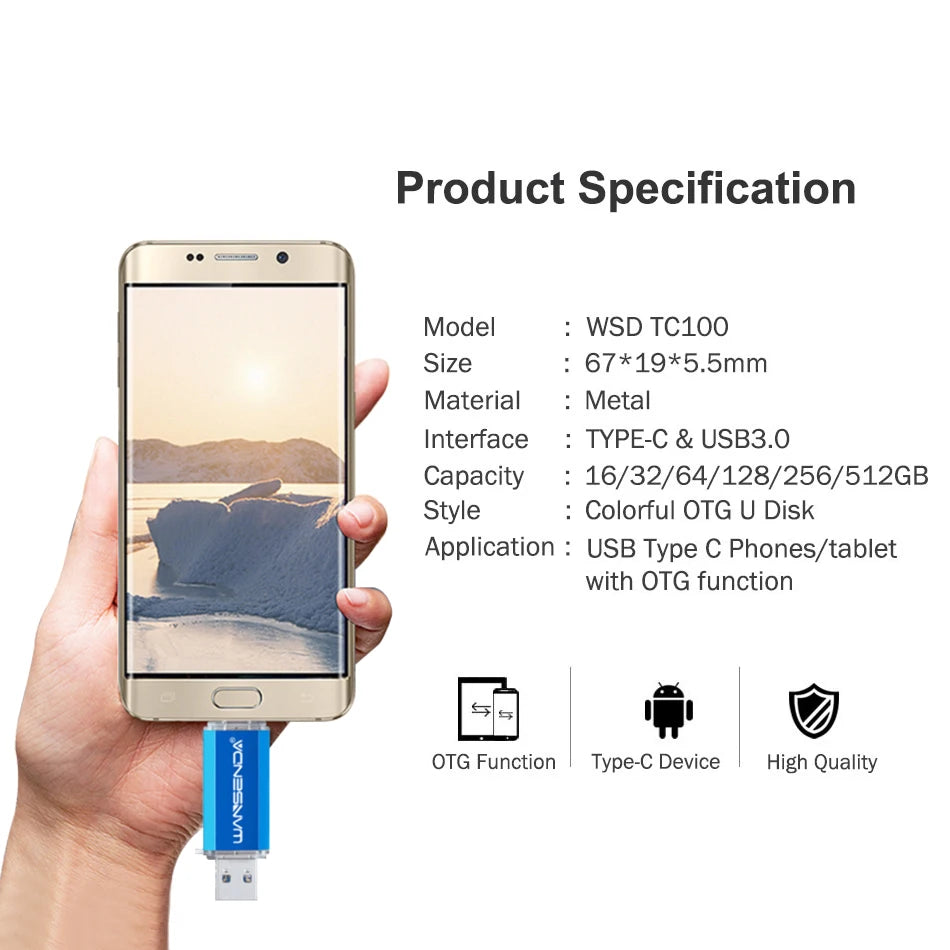 WANSENDA OTG Type-C USB 3.0 Flash Drive | 16GB–512GB Pen Drive for USB-C Devices