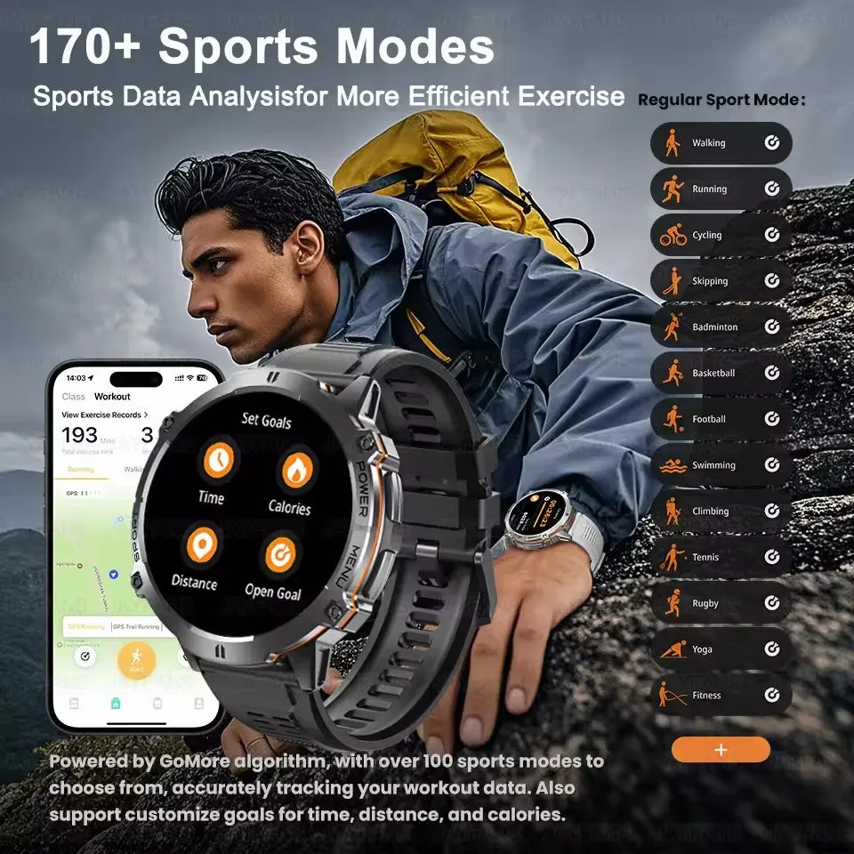 2025 Military GPS Smart Watch 1.73" AMOLED | 1000mAh Compass 5ATM BT Call Men