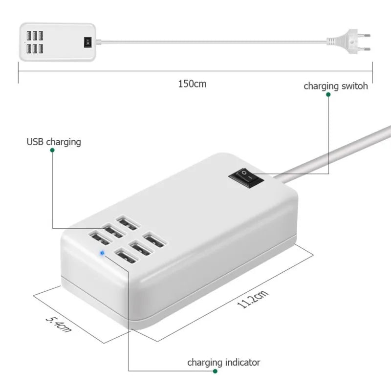 Wsellda 6-Port USB Wall Charger Hub 5V 3A | EU/US Plug iPhone iPad Samsung
