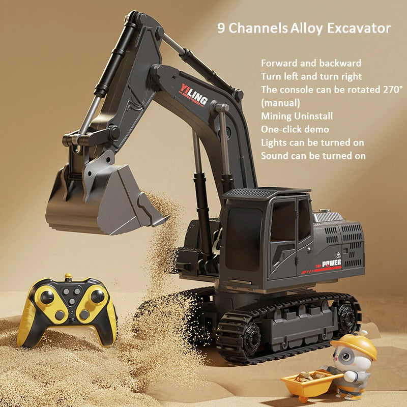 Alloy RC Excavator Toy 9-Channel | LED Lights Sound Electric Engineering Vehicle Gift