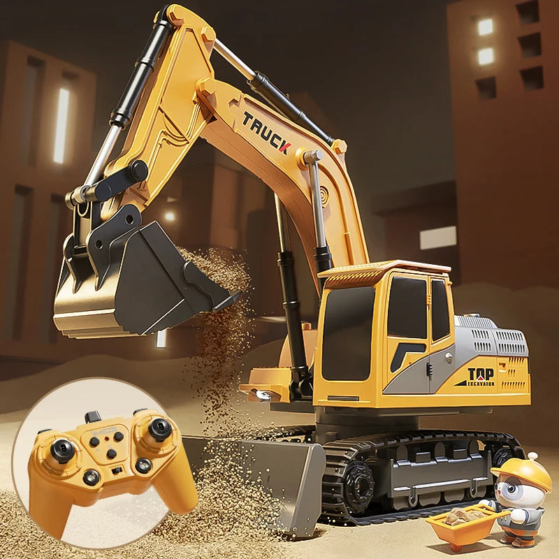 Alloy RC Excavator Toy 9-Channel | LED Lights Sound Electric Engineering Vehicle Gift