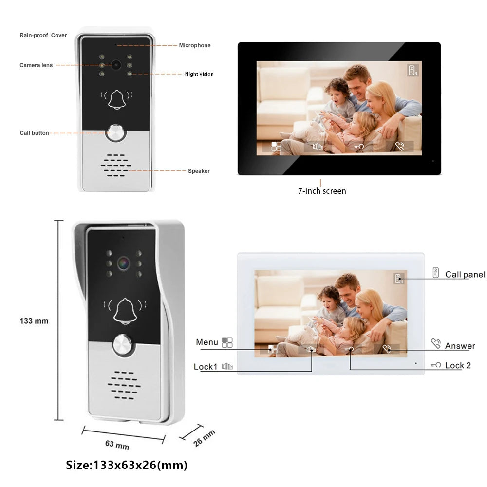7" Video Intercom System | Colour Indoor Monitor Visual Doorphone Camera Kit