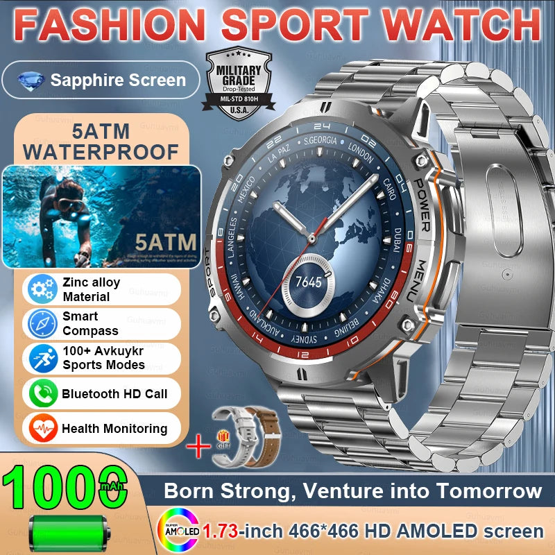 2025 Military GPS Smart Watch 1.73" AMOLED | 1000mAh Compass 5ATM BT Call Men