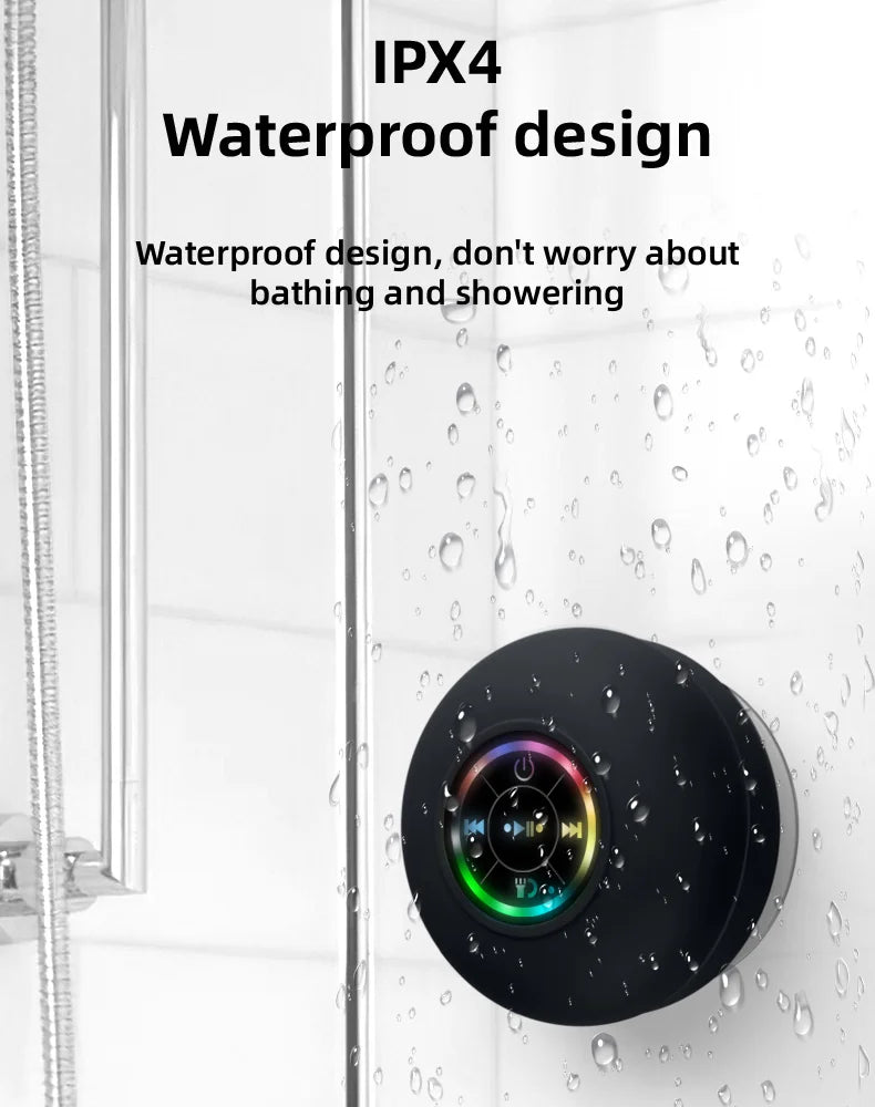 Waterproof Bluetooth Shower Speaker | Suction Cup LED Lights 3D Surround Subwoofer