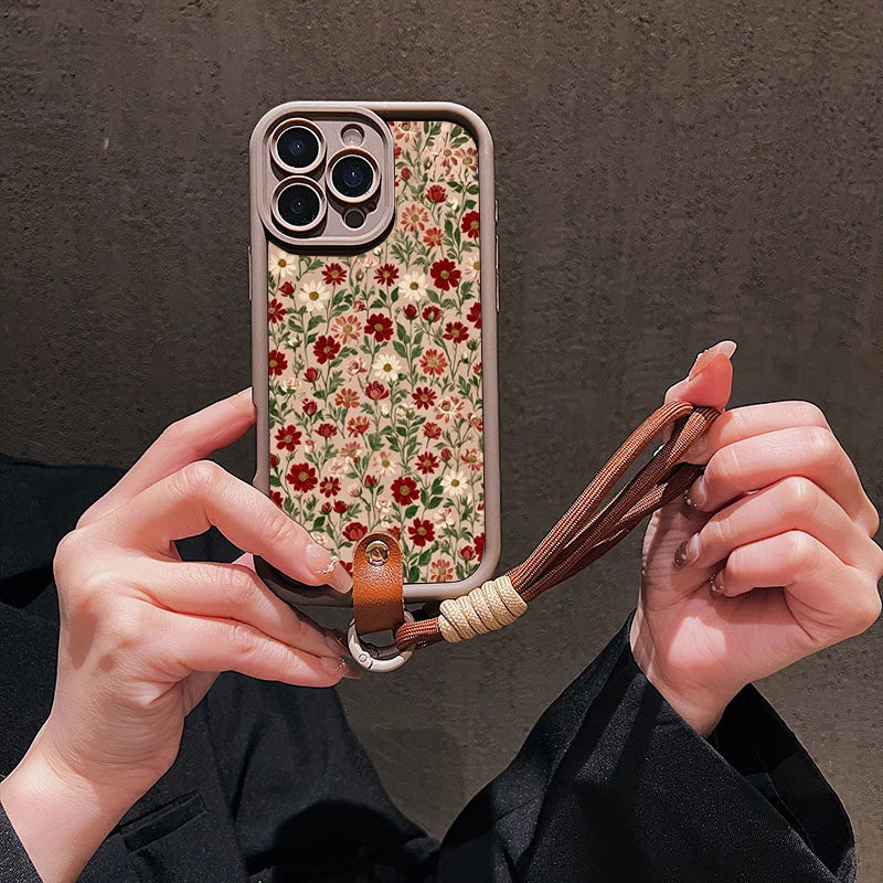 Flower Pattern Lanyard Strap iPhone Case | Silicone Soft Cover iPhone 7–17 Pro Max