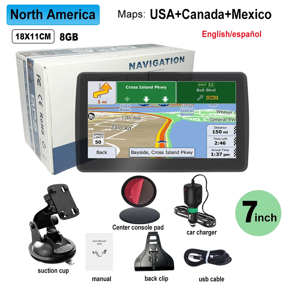7" GPS Car Truck Navigator 2024 | Europe + North America Free Maps FM Music 8GB