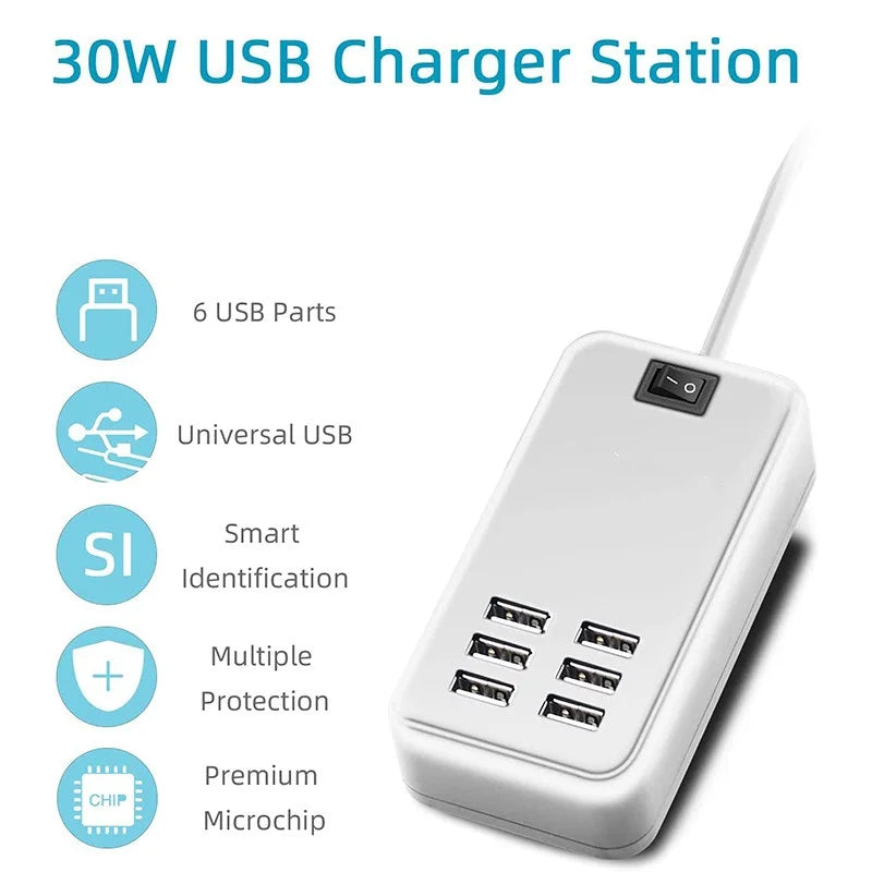 Wsellda 6-Port USB Wall Charger Hub 5V 3A | EU/US Plug iPhone iPad Samsung